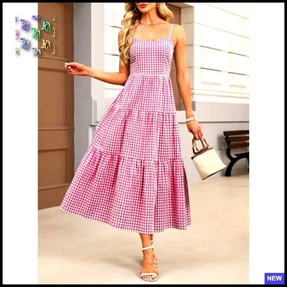 Sleeveless Striped Plaid Midi Dress Flowy Rayon Beach Vacation Sundress - Picture 3 of 7